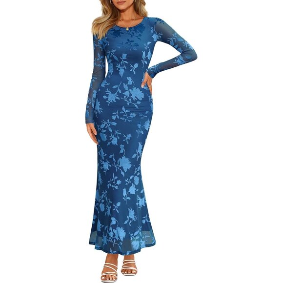 Sophisticated Blue Floral Velvet Maxi Dress - Long Sleeve for Formal Events